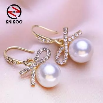 Серьги KNIKOO для женщин, модные жемчужные серьги, ювелирные изделия для свадьбы, вечеринки, серьги с бантом, подарки золотой