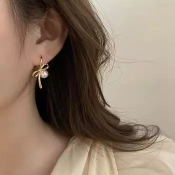 Серьги-кольца Anenjery с геометрическим узором и искусственным жемчугом, бантом, для женщин, темперамент, простота, мода, универсальность, роскошь, подарок белый