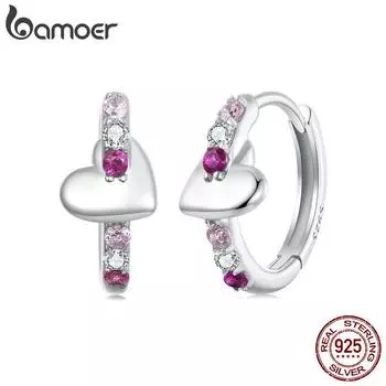 Серьги-кольца BAMOER из стерлингового серебра 925 пробы с радужным сердцем, молодежное энергетическое покрытие из белого золота для девочек и женщин, ювелирные украшения 12*6mm