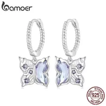 Серьги-кольца Bamoer из стерлингового серебра 925 пробы с бабочкой, нежные фиолетовые циркониевые пряжки для ушей для женщин, вечерние ювелирные изделия, подарок на день рождения BSE986