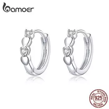 Серьги-кольца Bamoer, модные серьги с блестящим сердцем, подлинные серьги из стерлингового серебра 925 пробы