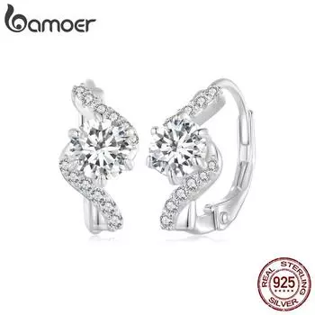 Серьги-кольца BAMOER, стерлинговое серебро 925 пробы, элегантные ослепительные муассанитовые пряжки для ушей для женщин, ювелирные изделия на помолвку, подарок 925 silver
