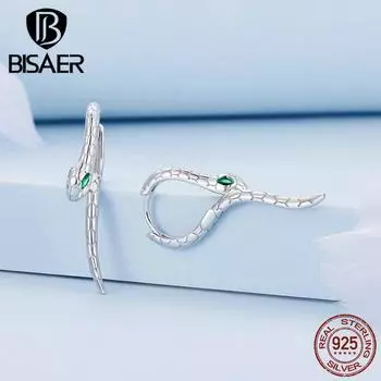 Серьги-кольца BISAER из стерлингового серебра 925 пробы со змеей, зеленые серьги с цирконием в виде животных, покрытые платиной для женщин, вечерние ювелирные изделия 925 silver