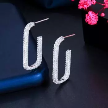 Серьги-кольца CMM геометрического серебряного цвета с кубическим цирконием и прямоугольником серебряный