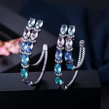 Серьги-кольца CMM высокого качества черного и золотого цвета в богемном стиле с разноцветным цирконом и двойным кольцом разноцветный