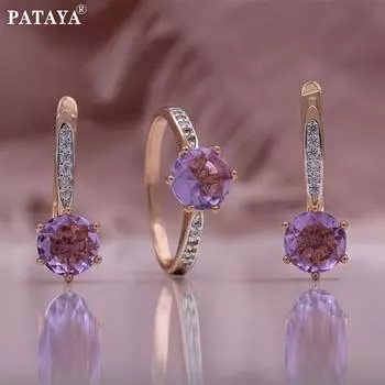 Серьги, кольца, двухцветное покрытие цвета розового золота, инкрустированные фиолетовым искусственным цирконием 7