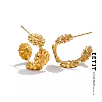 Серьги-кольца Eetit Sun Flower из нержавеющей стали в форме буквы C с покрытием PVD из 18-каратного золота, модные ювелирные изделия для женщин золотой