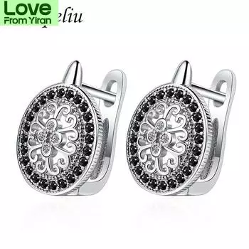 Серьги-кольца Fanqieliu Hollow Out Black Crystal Hoops из настоящего серебра 925 пробы для женщин Fql21237 серебряный