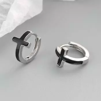 Серьги-кольца из серебра 925 пробы с простым черным крестом для мужчин и женщин в стиле хип-хоп, панк, уличные украшения золотой