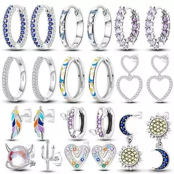 Серьги-кольца из серебра 925 пробы для женщин, оригинальные модные серьги-гвоздики с перьями и сердечками, луной и цирконием белый