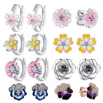 Серьги-кольца из серебра 925 пробы с цветком ромашки, серьги-кольца из серебра 925 пробы с розовым и желтым цветком для женщин, свадебные обручальные серьги с цирконием, оригинальные ювелирные изделия, подарок чёрный