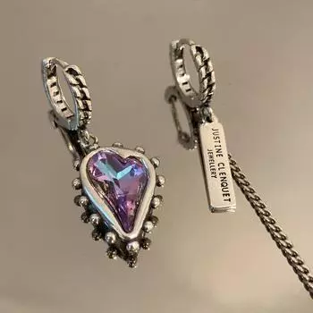 Серьги-кольца из серебра 925 пробы, винтажные, фиолетовые, с кристаллами, в форме сердца, симметричные висячие серьги-кольца для женщин и девочек, модные ювелирные изделия, подарок для вечеринки серебряный