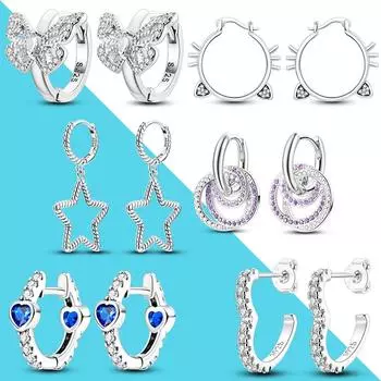 Серьги-кольца из серебра 925 пробы со звездами для женщин и девочек, роскошные сверкающие серьги с цирконием, двойной круг, бабочка, кошка, модные серьги