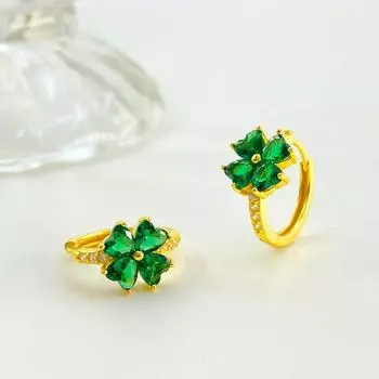 Серьги-кольца из серебра S925 с четырьмя листочками клевера, позолоченные 18-каратным золотом, женские серьги с зеленым кубическим цирконием зелёный