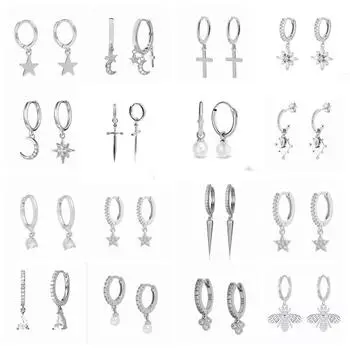 Серьги-кольца из стерлингового серебра 925 пробы с крестом и жемчугом, пчелой, животными, серьги Pendientes, женские серьги Huggie для женщин, ювелирные украшения