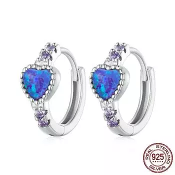 Серьги-кольца из стерлингового серебра S925 с фиолетовым опалом и опалом в форме сердца синий
