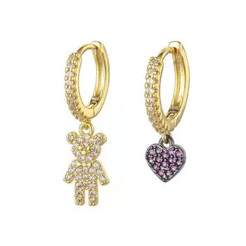 Серьги-кольца из стерлингового серебра 925 пробы с микроцирконом и медвежьим сердечком, женские милые легкие роскошные асимметричные ювелирные изделия ручной работы золотистый