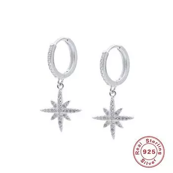Серьги-кольца из стерлингового серебра 925 пробы с бриллиантовой восьмиугольной звездой для женщин, серьги для пирсинга, серьги с пряжкой для ушей, ювелирные изделия с подвесками