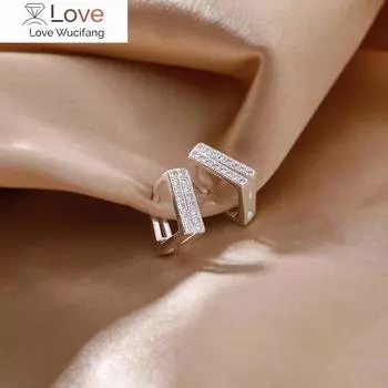 Серьги-кольца из стерлингового серебра 925 пробы с двумя рядами кристаллов и квадратным подвесом для женщин, свадебные серьги, ювелирные изделия, новые аксессуары