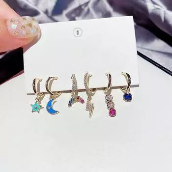 Серьги-кольца из стерлингового серебра 925 пробы с луной и звездами для женщин, набор из 6 серег с цветным цирконием золотой