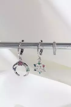 Серьги-кольца из трех частей серебряного цвета с разноцветными камнями Vip Collection