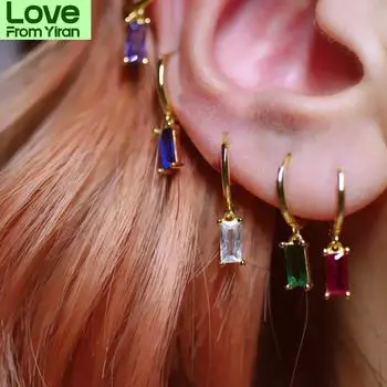 Серьги-кольца квадратные геометрические с разноцветным цирконием из стерлингового серебра 925 пробы, женские темпераментные застежки S -E1533