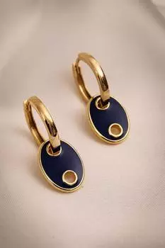 Серьги-кольца модели с пуговицами темно-синего цвета с эмалью золотого цвета