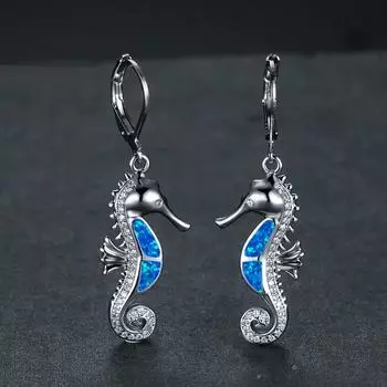 Серьги-кольца «Морской конек» для женщин, белый и синий опал, ювелирные изделия с животными, свадебные серьги цвета розового золота и серебра для женщин синий/серебряный