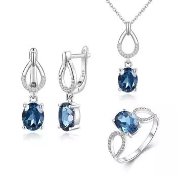 Серьги, кольца, ожерелье с подвеской из натурального лондонского голубого топаза, стерлингового серебра 925 пробы, изящные ювелирные украшения для женщин, подарок на годовщину и помолвку US RING SIZE:6# синий