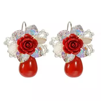 Серьги-кольца ручной работы из стерлингового серебра 925 пробы с красными цветочными цветами и имитацией жемчуга в форме ракушки, нежный креативный дизайн, элегантные украшения