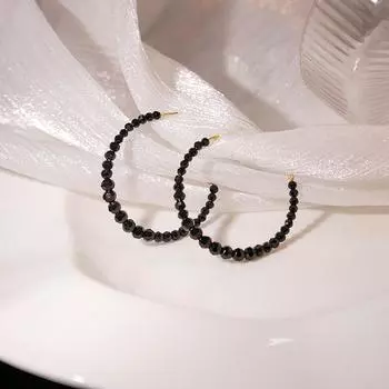 Серьги-кольца с черным дробленым цирконом чёрный