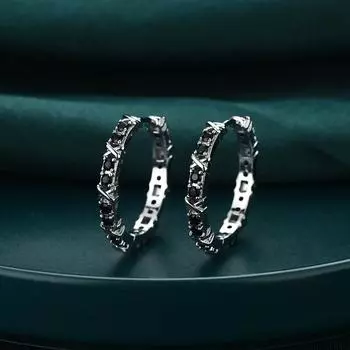 Серьги-кольца с черным камнем 30 мм для женщин