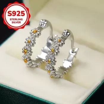 Серьги-кольца с цветком маргаритки из стерлингового серебра S925 для женщин и девочек, ювелирные украшения, подарок на День святого Валентина серебряный