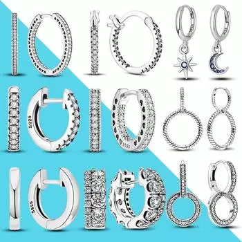 Серьги-кольца с двумя кольцами для женщин, 100% серебро 925 пробы, сверкающие серьги-гвоздики с фианитами, помолвка, годовщина, ювелирные изделия, подарки