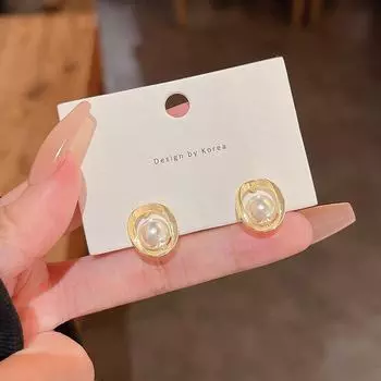 Серьги-кольца с французским ретро-жемчугом для женщин - серебро S925, легкая роскошь, универсальный геометрический дизайн E5460 золотой