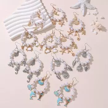 Серьги-кольца с имитацией жемчуга женские, золотисто-серебряного цвета, в стиле бохо, с подвеской в виде ракушек дельфинов, женские модные ювелирные украшения, аксессуары