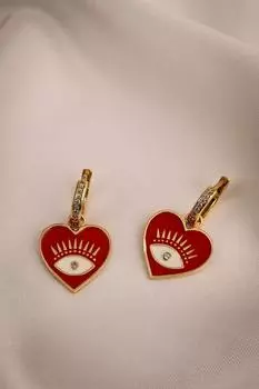 Серьги-кольца с красной эмалью в форме сердца