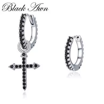 Серьги-кольца с крестом и черным камнем BLACK AWN, два стиля