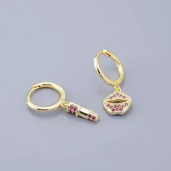 Серьги-кольца с микроцирконием и красными губами, асимметричные, женские, креативные, золотые серьги золотистый