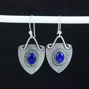 Серьги-кольца с натуральным лазуритом, серебряные серьги 925 пробы, серьги-подвески из серебра ручной работы в стиле бохо, подарок из ваты 2.16 синий