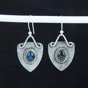 Серьги-кольца с натуральным лабрадоритом, серебряные серьги 925 пробы, серьги-подвески из серебра ручной работы в стиле бохо, подарок на день рождения 2.16 синий