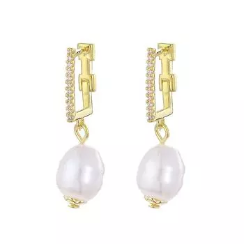 Серьги-кольца с подвеской из микроциркония и прямоугольным жемчугом из стерлингового серебра 925 пробы для девушек и женщин золотистый