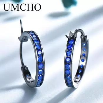 Серьги-кольца с синим циркониевым камнем, электрические черные циркониевые серьги оптом для женщин, западные, серебряные серьги 925 пробы синий