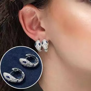 Серьги-кольца с синим кристаллом циркония и змеей в стиле панк, серебряные серьги-кольца, ювелирные изделия