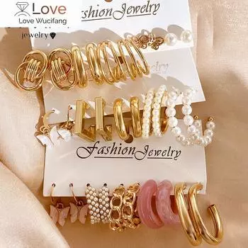 Серьги-кольца с жемчугом и перекрученными бусинами, комплект из акрила, серьги-бабочки для женщин, полые металлические позолоченные серьги, мультяшные украшения