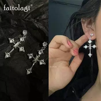 Серьги-кольца со стразами для женщин, модные модные серьги в корейском стиле, новые серьги-крестики, висячие серьги для мужчин, ювелирные изделия в стиле панк в стиле гранж для женщин Cross