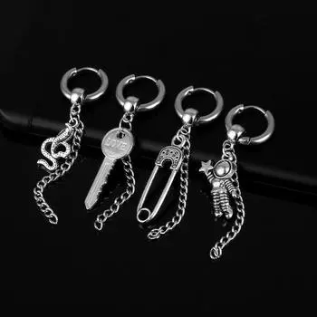 Серьги-кольца со змеиной цепочкой для женщин и мужчин, серьги-кольца из нержавеющей стали с ключом для любви, серьги для пирсинга