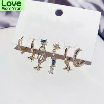 Серьги-кольца со звездами из стерлингового серебра 925 пробы для женщин, роскошные романтические украшения с синим цирконием