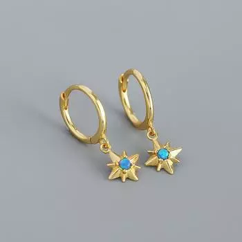 Серьги-кольца Trumium S925 Sterling Silver Blue Opal Starburst Huggie Hoop для женщин Octet North Star Drop Earrings Подарки для девочек серебряный