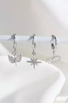 Серьги-кольца Vip Collection из трех частей с цирконом и камнем серебряного цвета